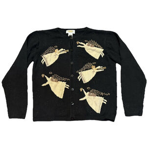 Vintage Button Up Cardigan Sweater Black Angels Embroidery Beaded P Sm